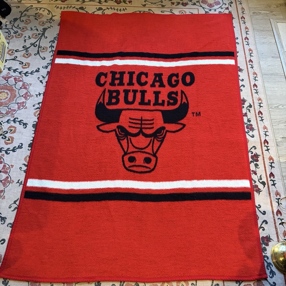 Chicago Bulls Biederlack Blanket Throw Red Black 72"x51" NBA Basketball VTG USA‎